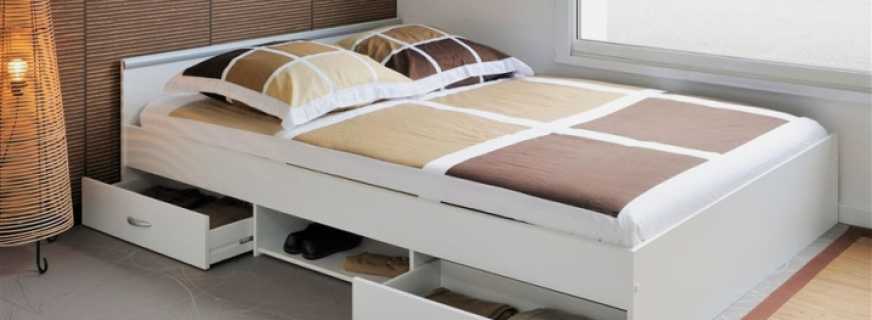 Esošās divvietīgās gultas ar atvilktnēm glabāšanai, to funkcijas un funkcijas