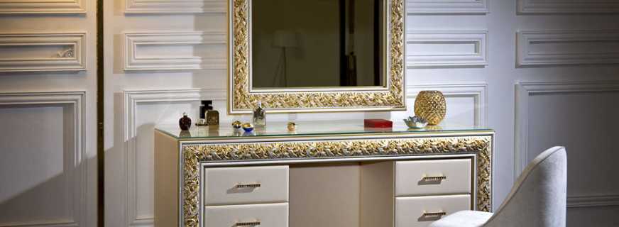 Populārie tualetes galdiņa modeļi ar spoguli guļamistabā, to priekšrocības