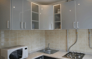 Visão geral dos armários de cozinha de canto, vistas e desenhos dimensionais