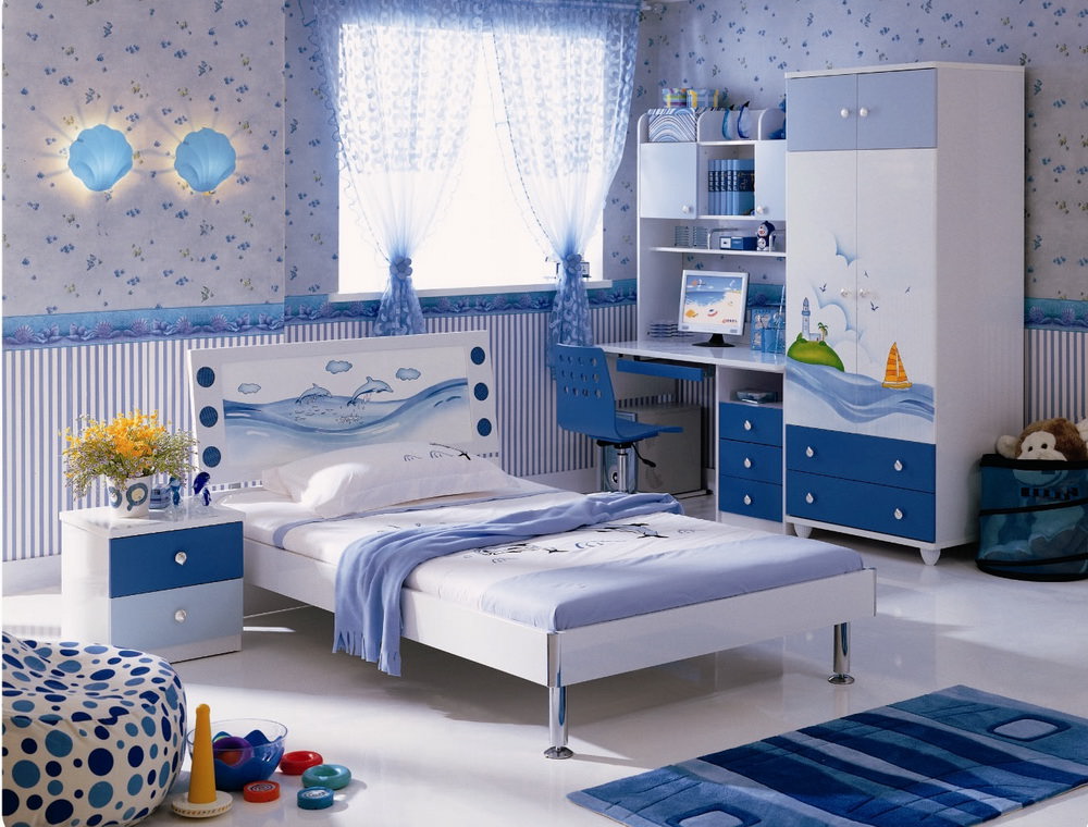 Bērnu baltas mēbeles ar zilu