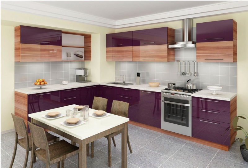 Violetas mēbeles virtuves dekorēšanai