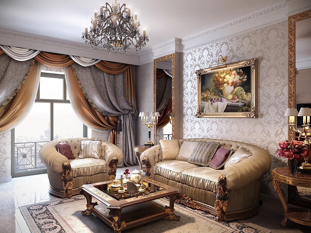 Mīkstās, ērtās mēbeles klasiskā stila viesistabā