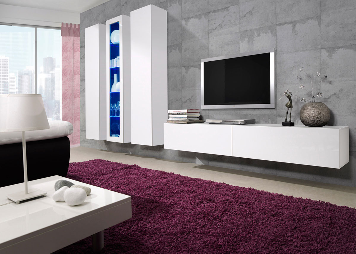 Praktiskas un modernas viesistabas mēbeles ar spīdīgu virsmu