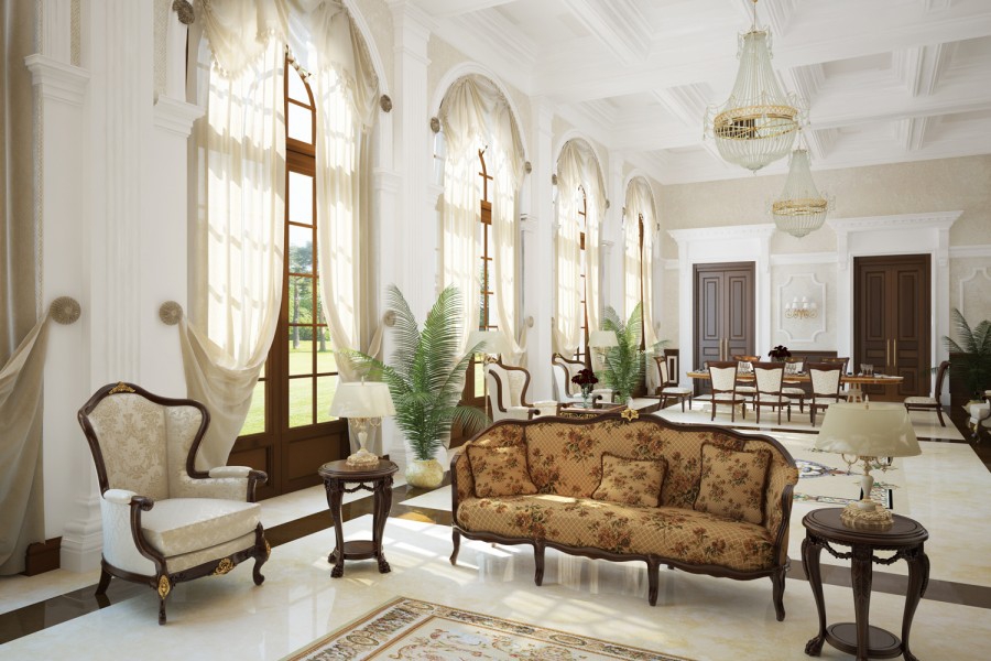 Pievilcīgas klasiskā stila viesistabas mēbeles