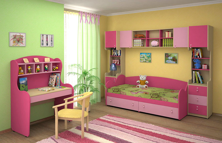 Rozā mēbeles bērnu guļamistabai