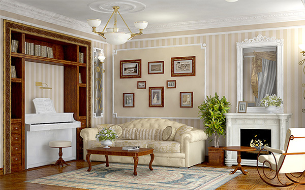 Gaišas mēbeles klasiskā stila viesistabā