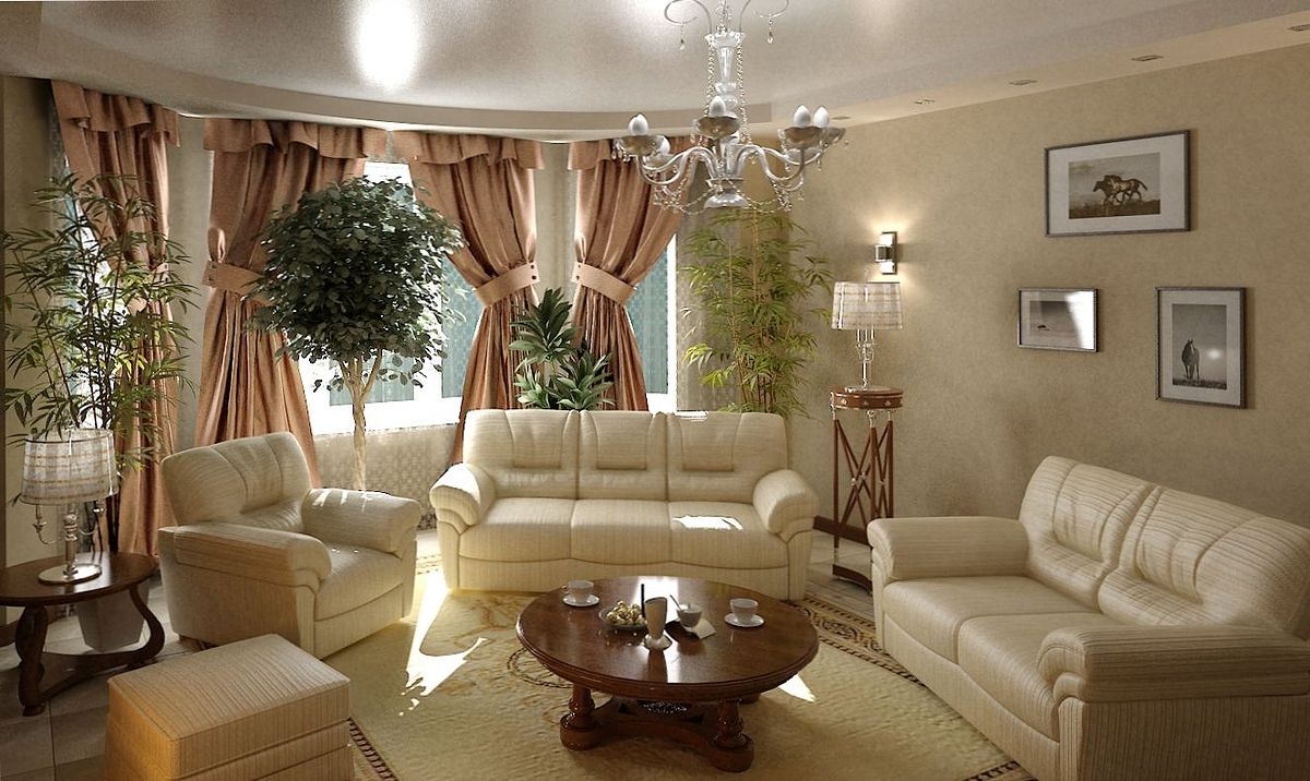 Ērtas mēbeles klasiskā stila viesistabā