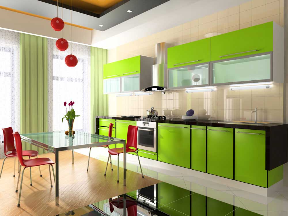 Zaļas moduļu virtuves mēbeles
