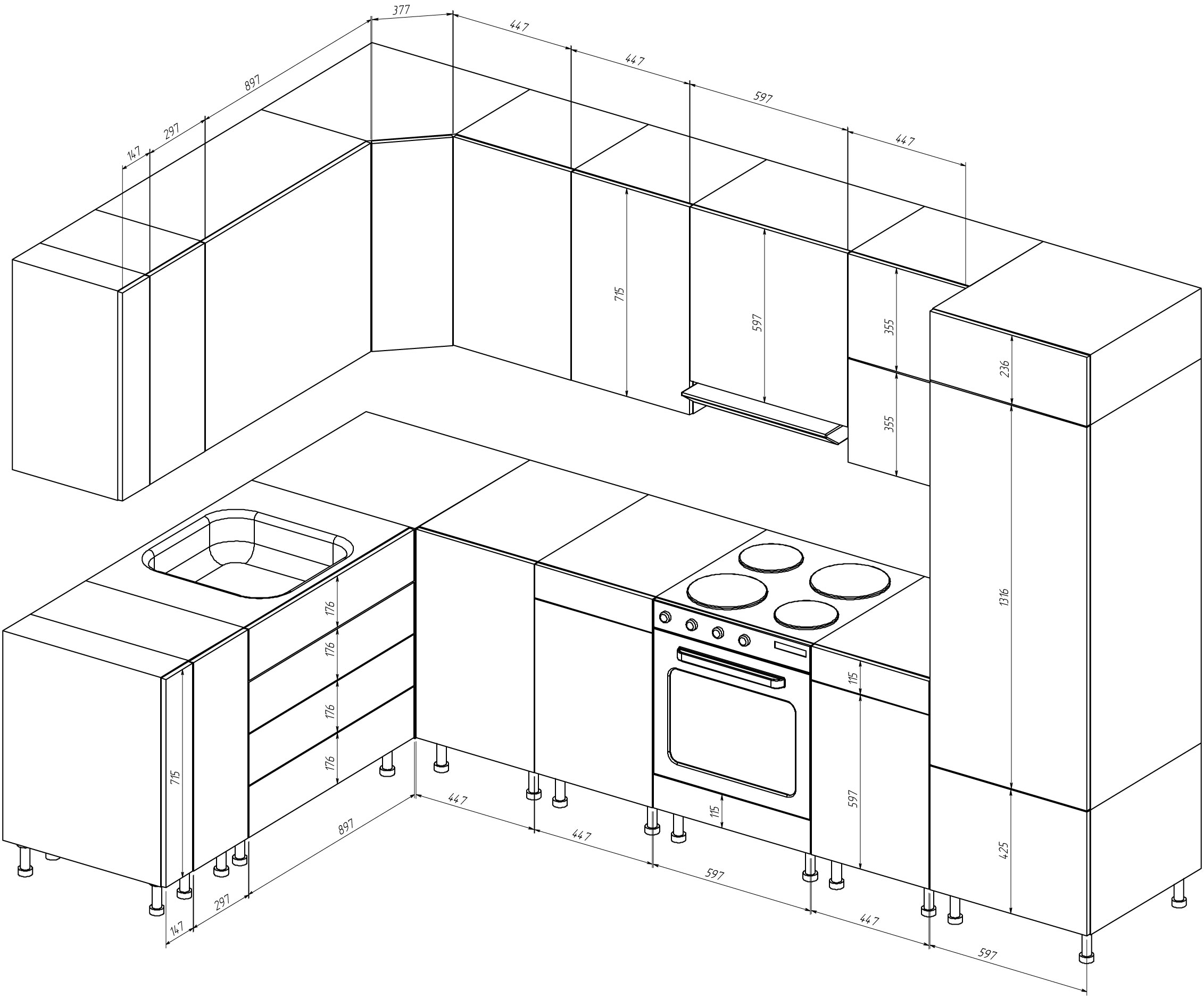 Drawing of a kitchen set