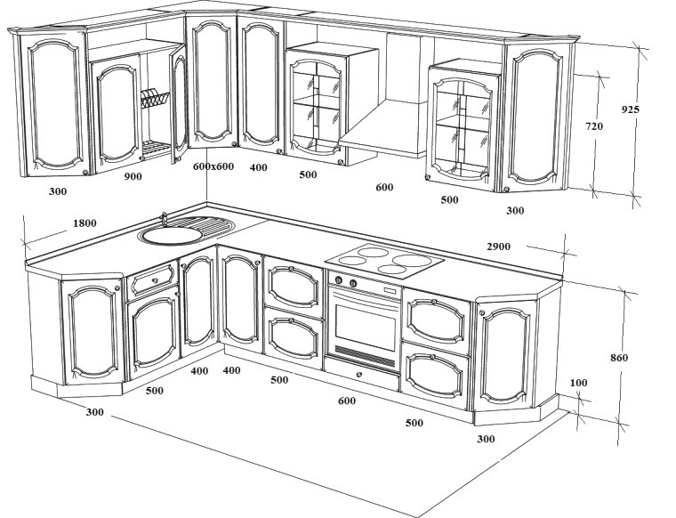 Exemple de dessin et dimensions d'une cuisine d'angle