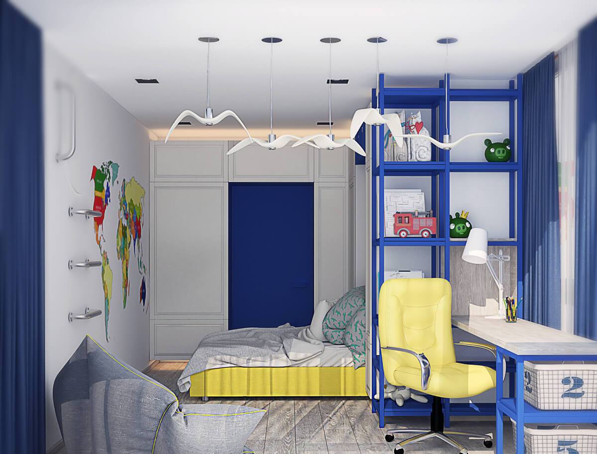 Mavi ve sarı renklerde bir çocuk için çocuk odası