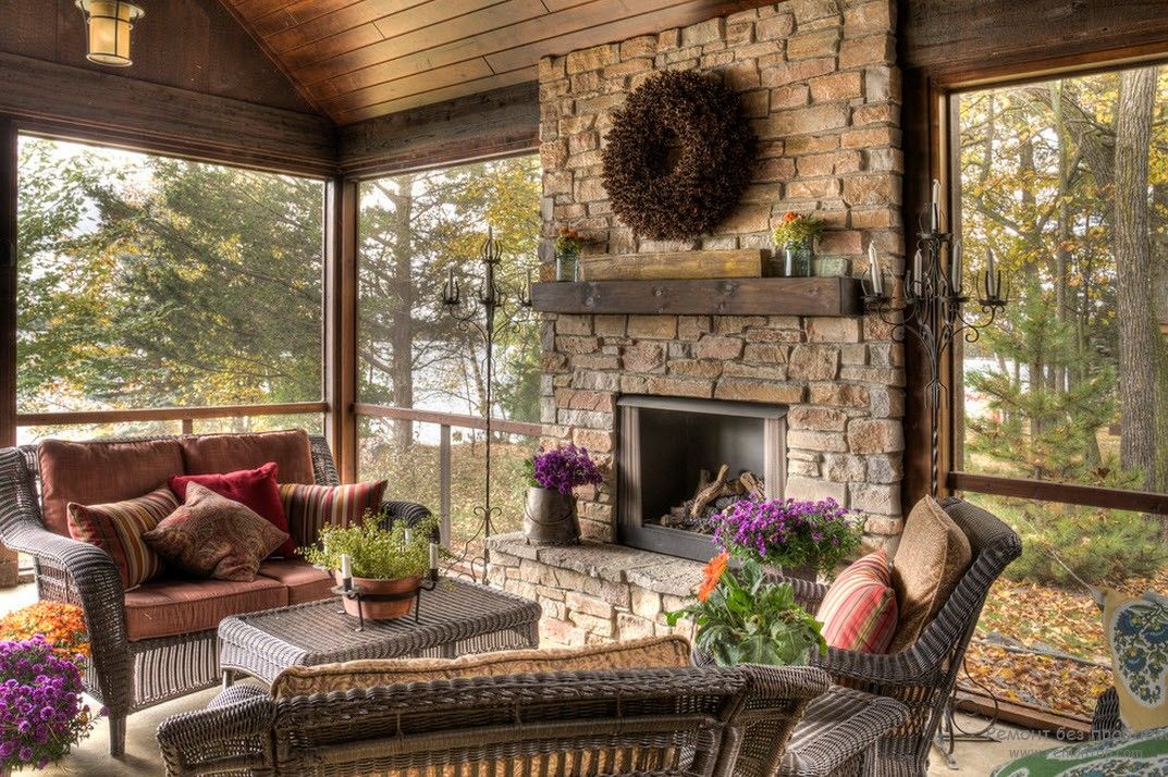 Stone fireplace in the living room at the cottage