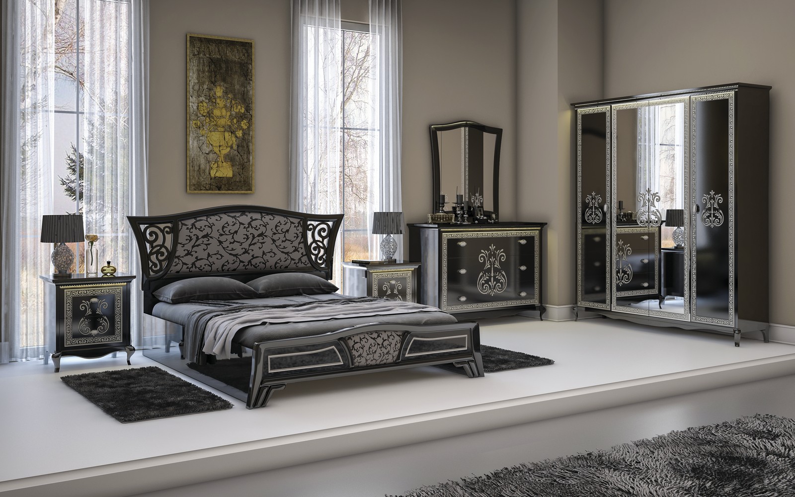 Guļamistaba spīdīgi melnā krāsā