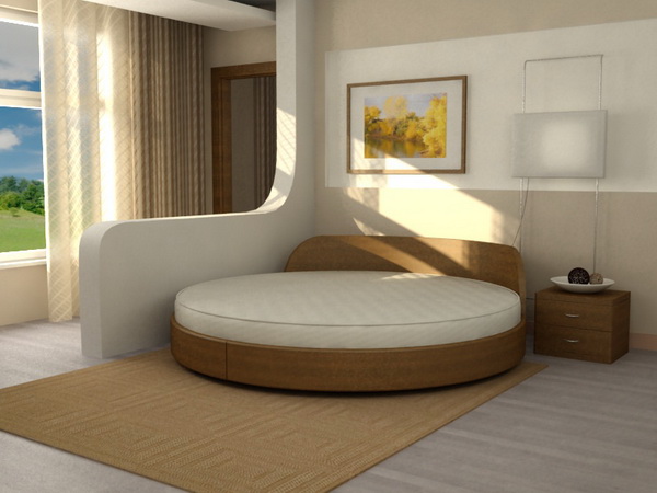 Pateicoties dažādajām formām, apaļā gulta lieliski iekļaujas guļamistabas interjerā.