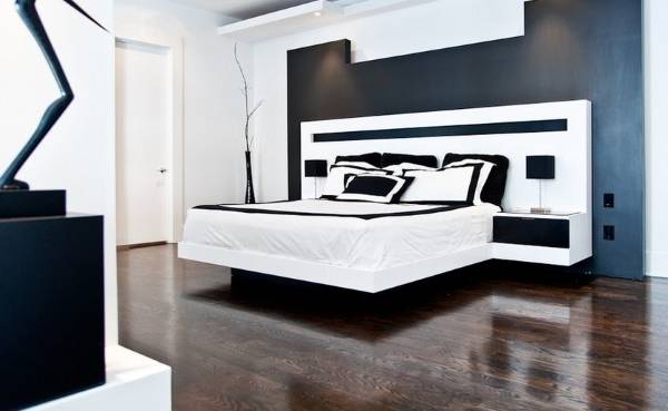 Guļamistabas dizains melnbaltā krāsā