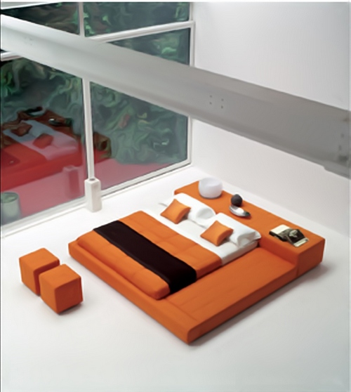 Japāņu stila guļamistabas gulta oranžā krāsā