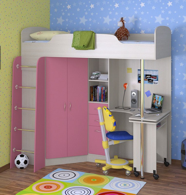 Rozā un baltas bērnu istabas mēbeles