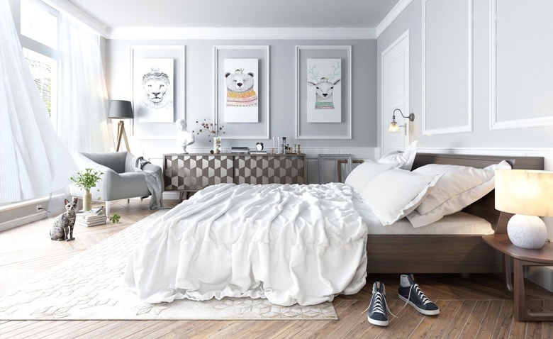 Skandināvu stila guļamistaba izskatās iespaidīga