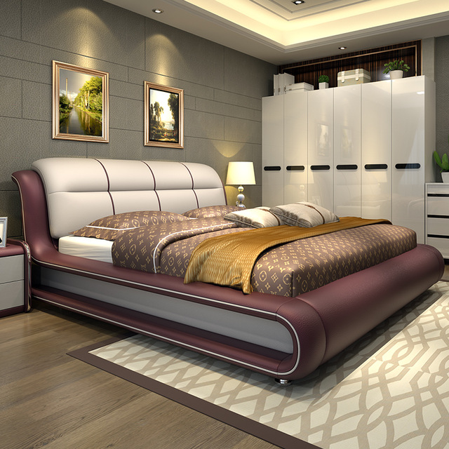 Mūsdienu guļamistabas mēbeļu gulta ar īstu ādu