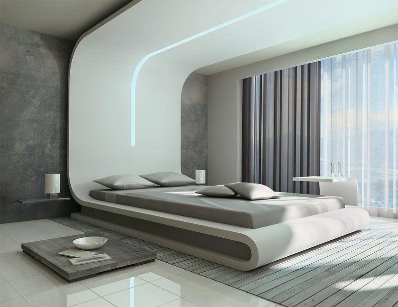 Moderns augsto tehnoloģiju stils guļamistabā