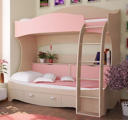 Divi gultas līmeņi rozā meitenes istabai