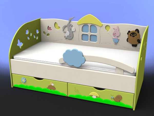 Bērnu gulta mājas formā ar atvilktnēm
