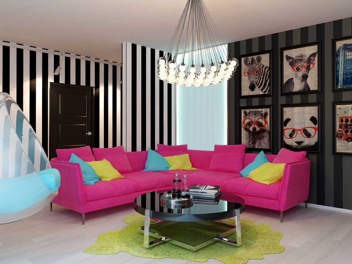 Rozā dīvāns pop mākslas stilā