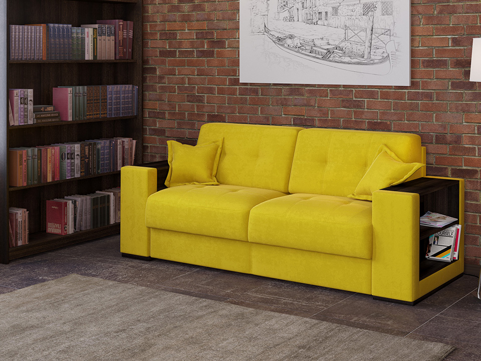 Dzeltens dīvāns interjerā